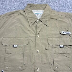 Columbia PFG FM7047 Fishing Shirt Mens M Tan Short Sleeve Utility